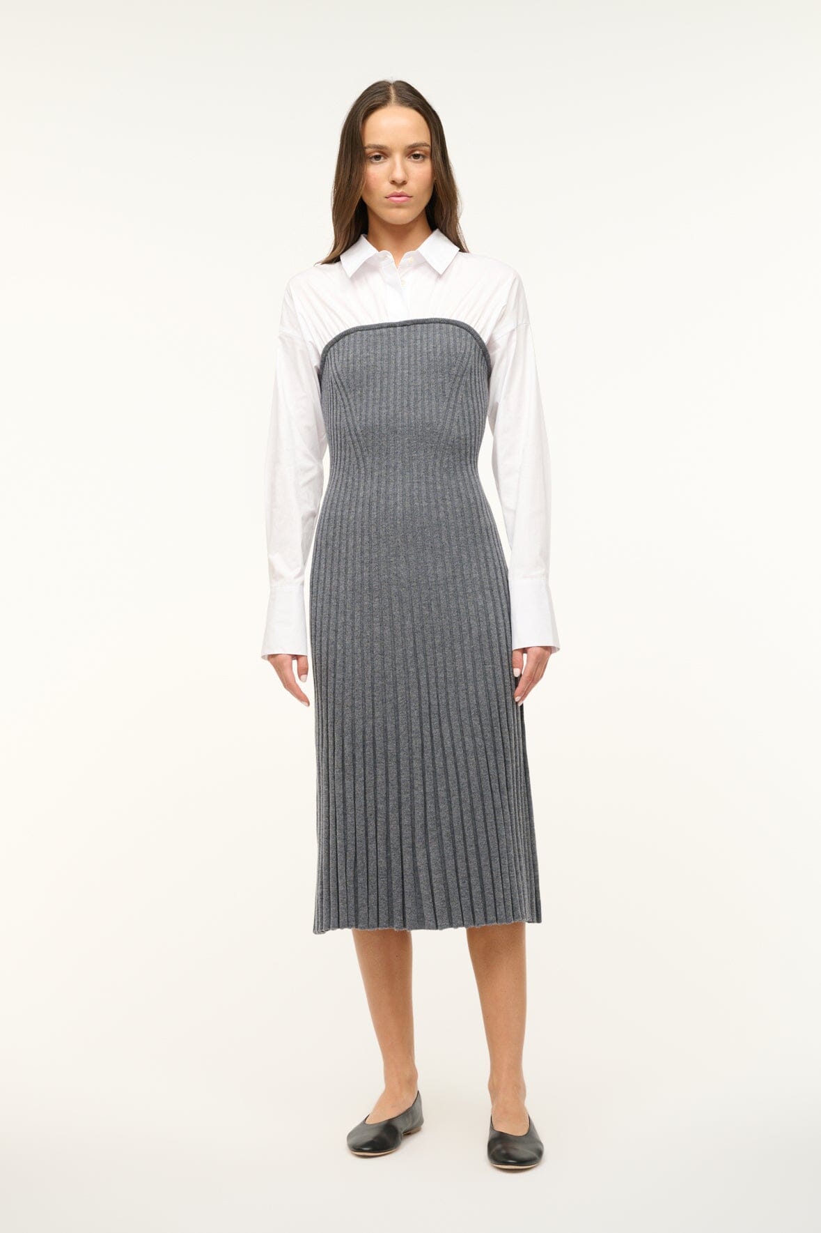 Shirt & Knit Dress Combo with Collar & Pleats | O'Keefe Charcoal White