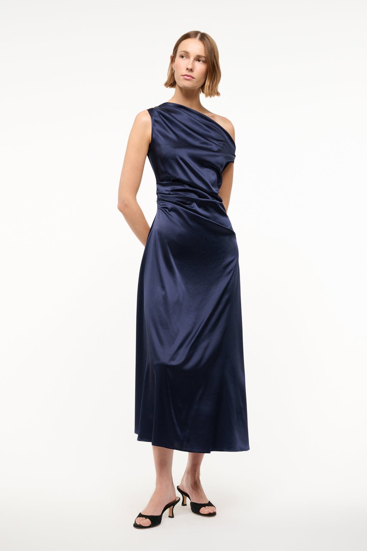 Off-the-Shoulder Silk Dress with Fitted Waist | Phare Navy