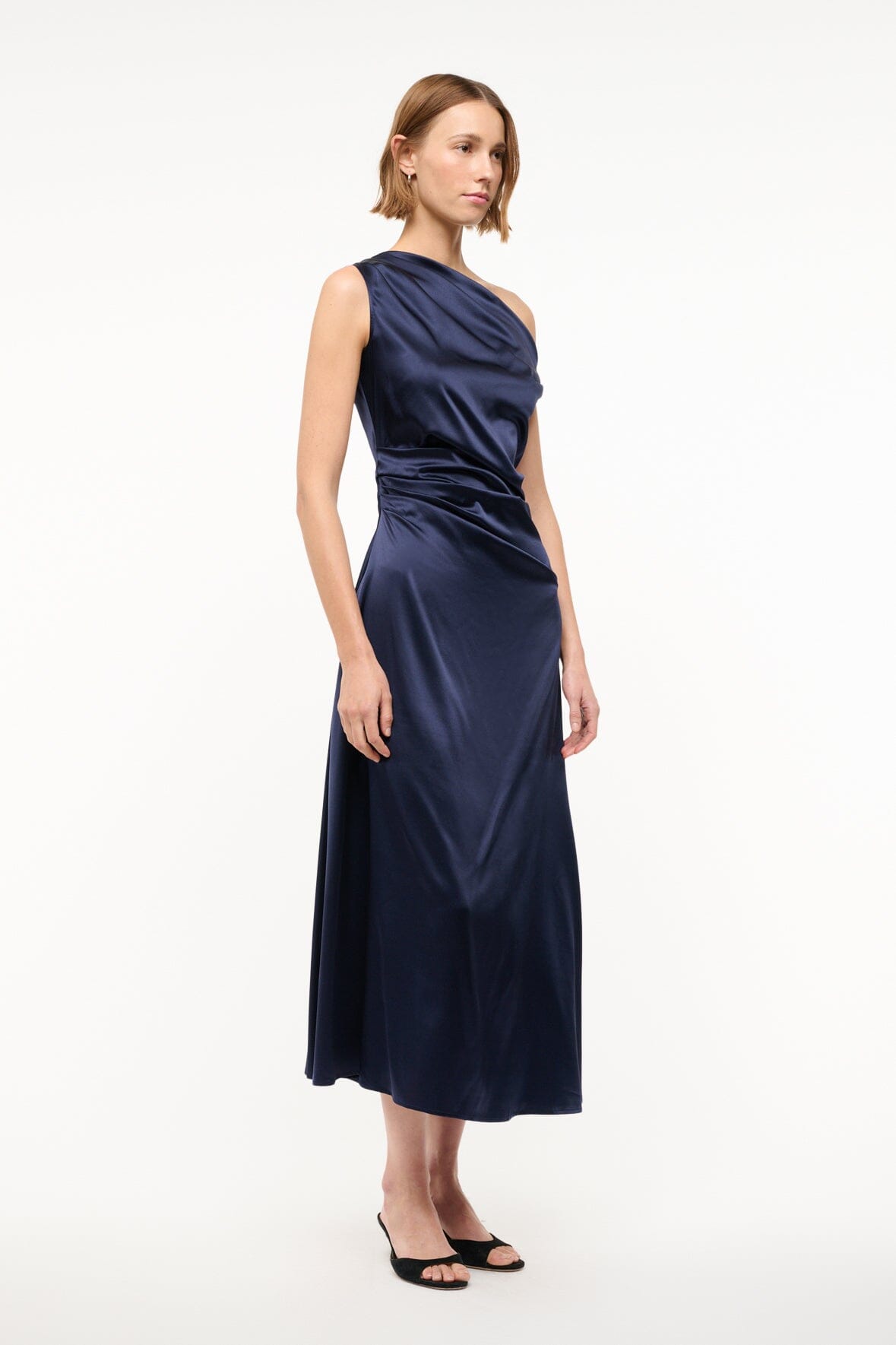 Off-the-Shoulder Silk Dress with Fitted Waist | Phare Navy