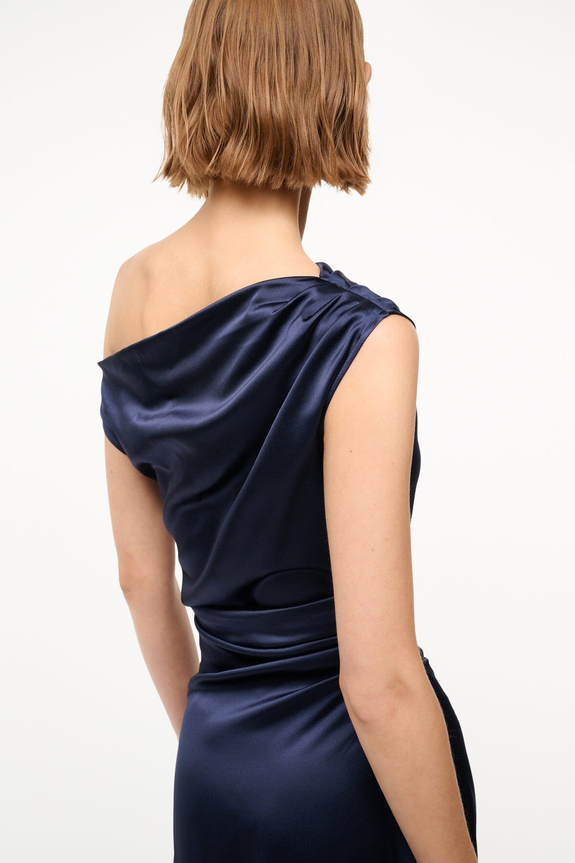Off-the-Shoulder Silk Dress with Fitted Waist | Phare Navy