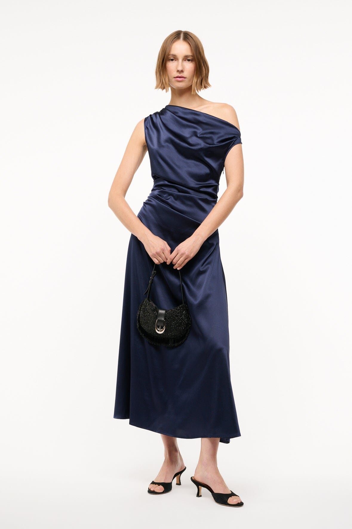 Off-the-Shoulder Silk Dress with Fitted Waist | Phare Navy