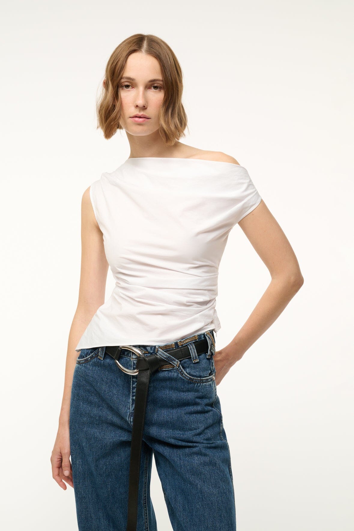 Off-the-Shoulder Cotton Poplin Top with Ruching | Phare White