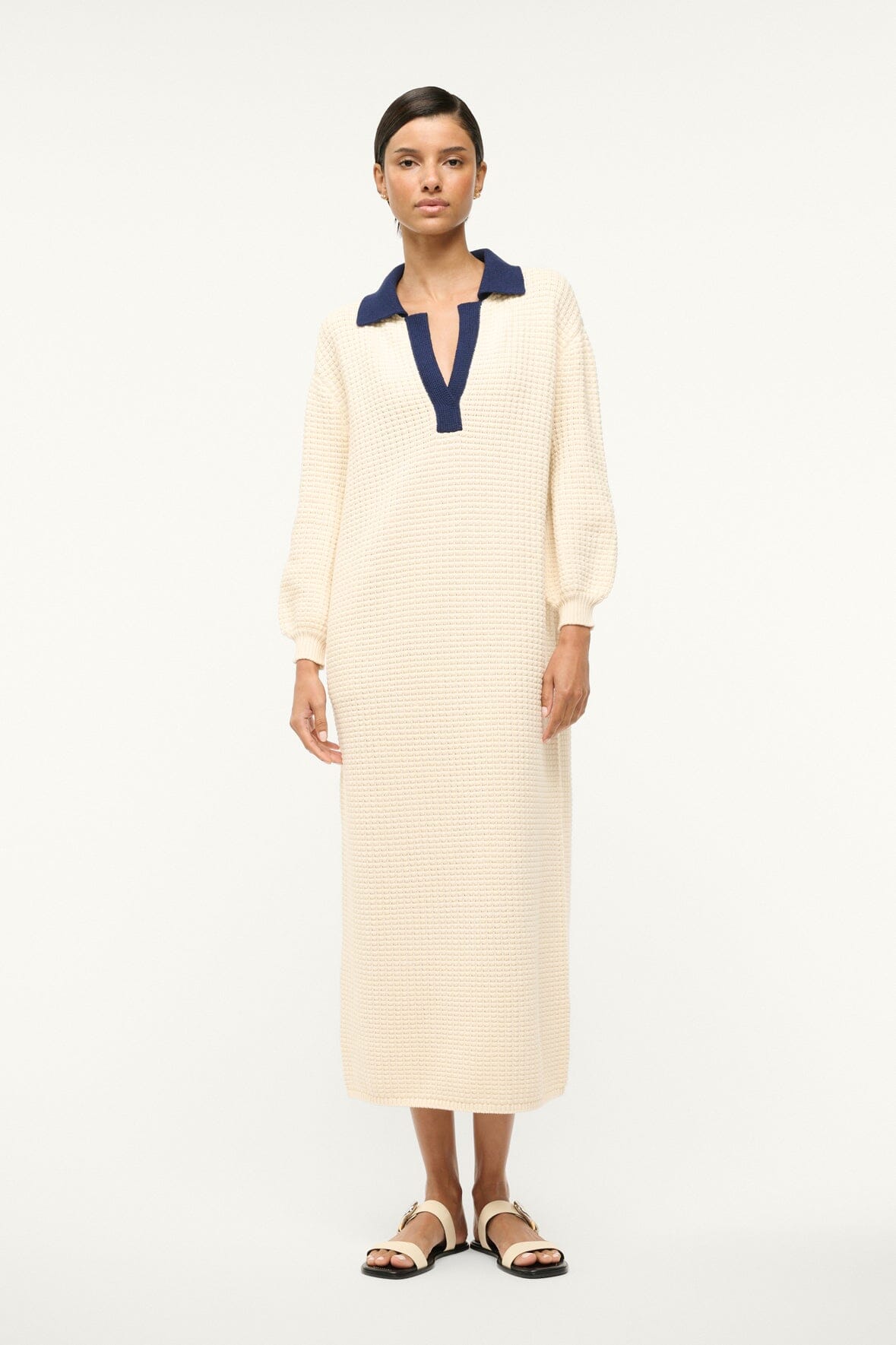 Waffle Knit Polo Collar Dress | Altea Ivory Navy