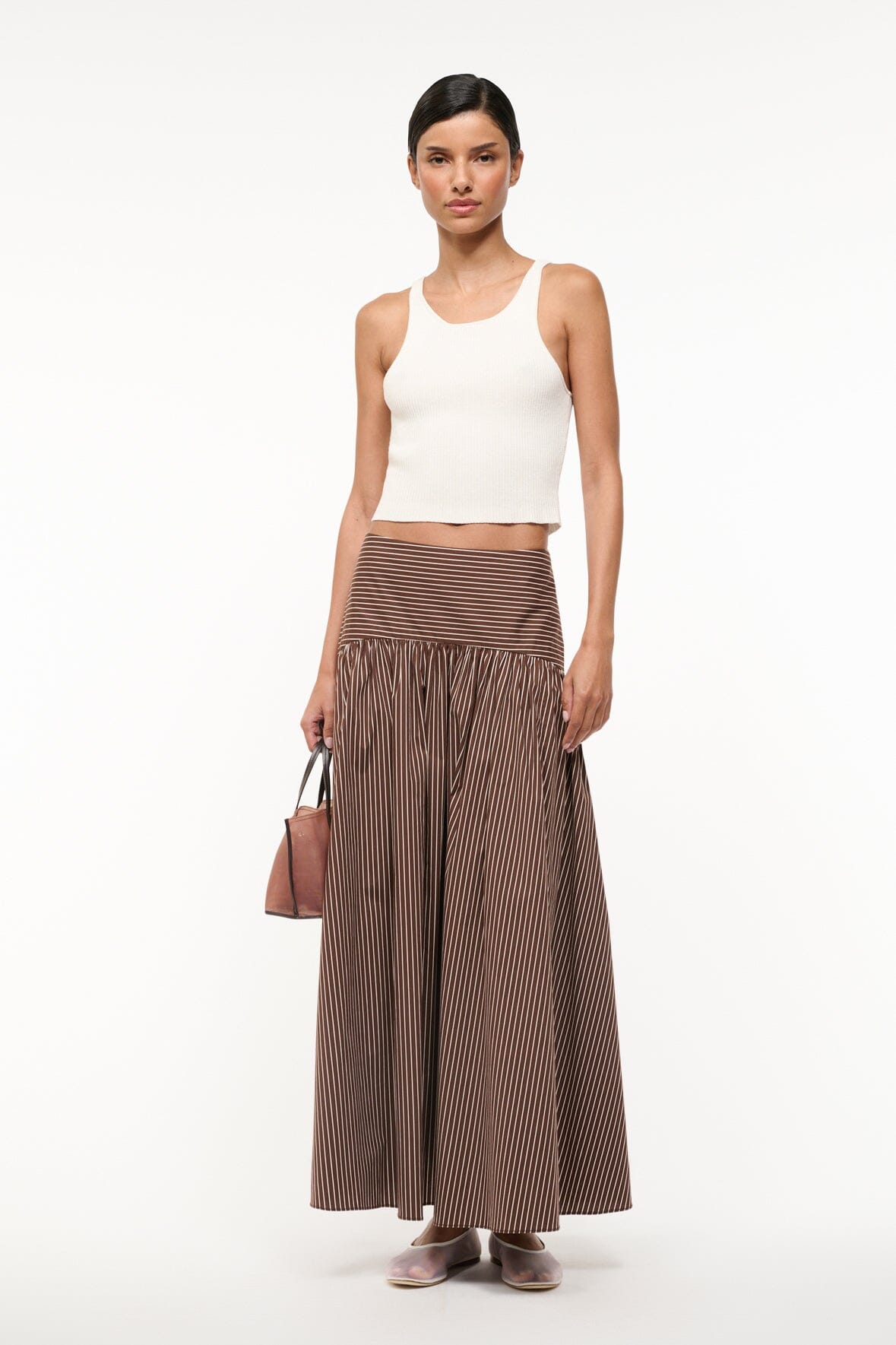 Maxi Skirt with Curved Yoke & Hidden Zipper | Procida Dark Oak Micro Stripe
