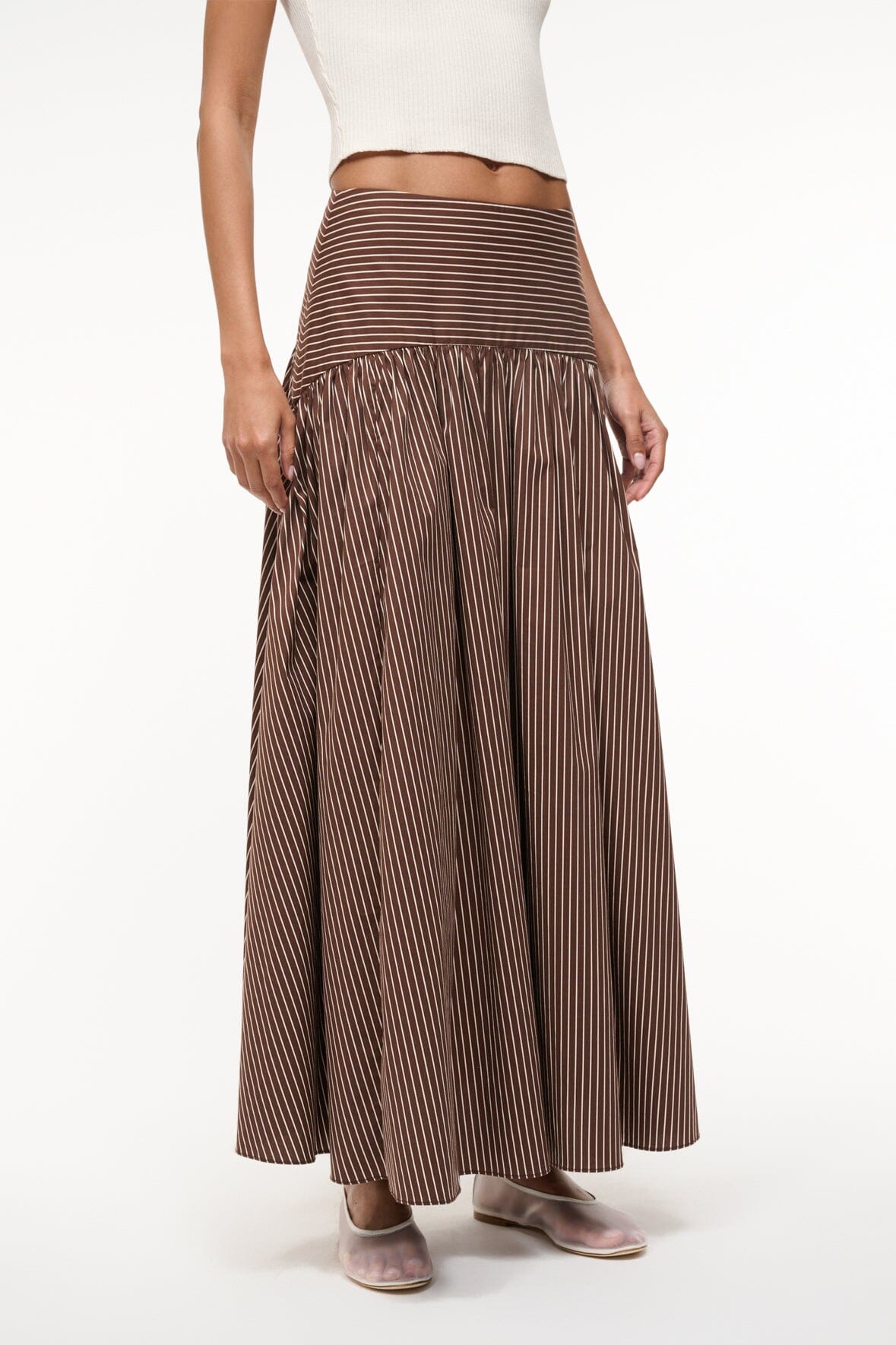 Maxi Skirt with Curved Yoke & Hidden Zipper | Procida Dark Oak Micro Stripe