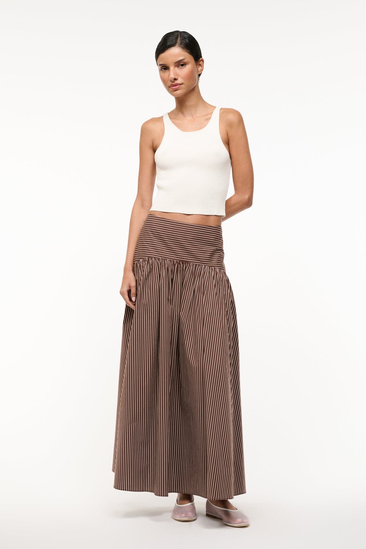 Maxi Skirt with Curved Yoke & Hidden Zipper | Procida Dark Oak Micro Stripe