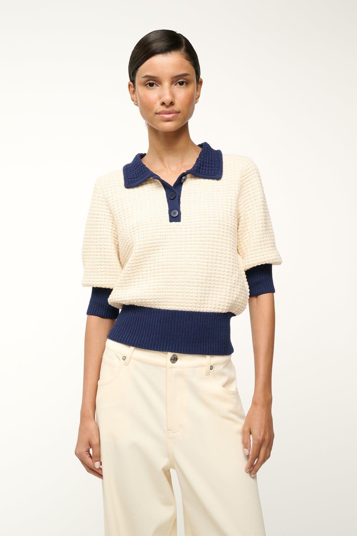 Short Sleeve Polo Sweater with Contrast Details | Altea Ivory Navy
