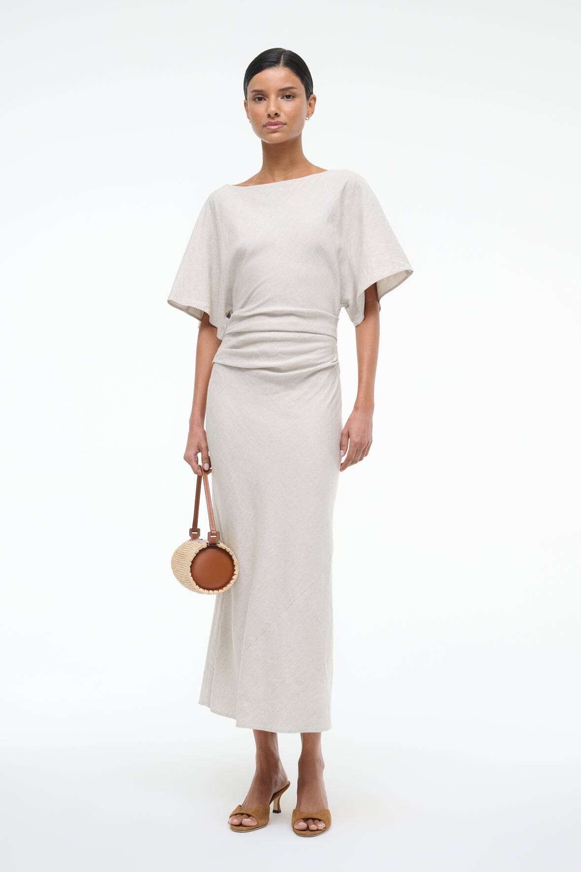Linen Midi Dress with Boat Neck & Dolman Sleeves | Amelie