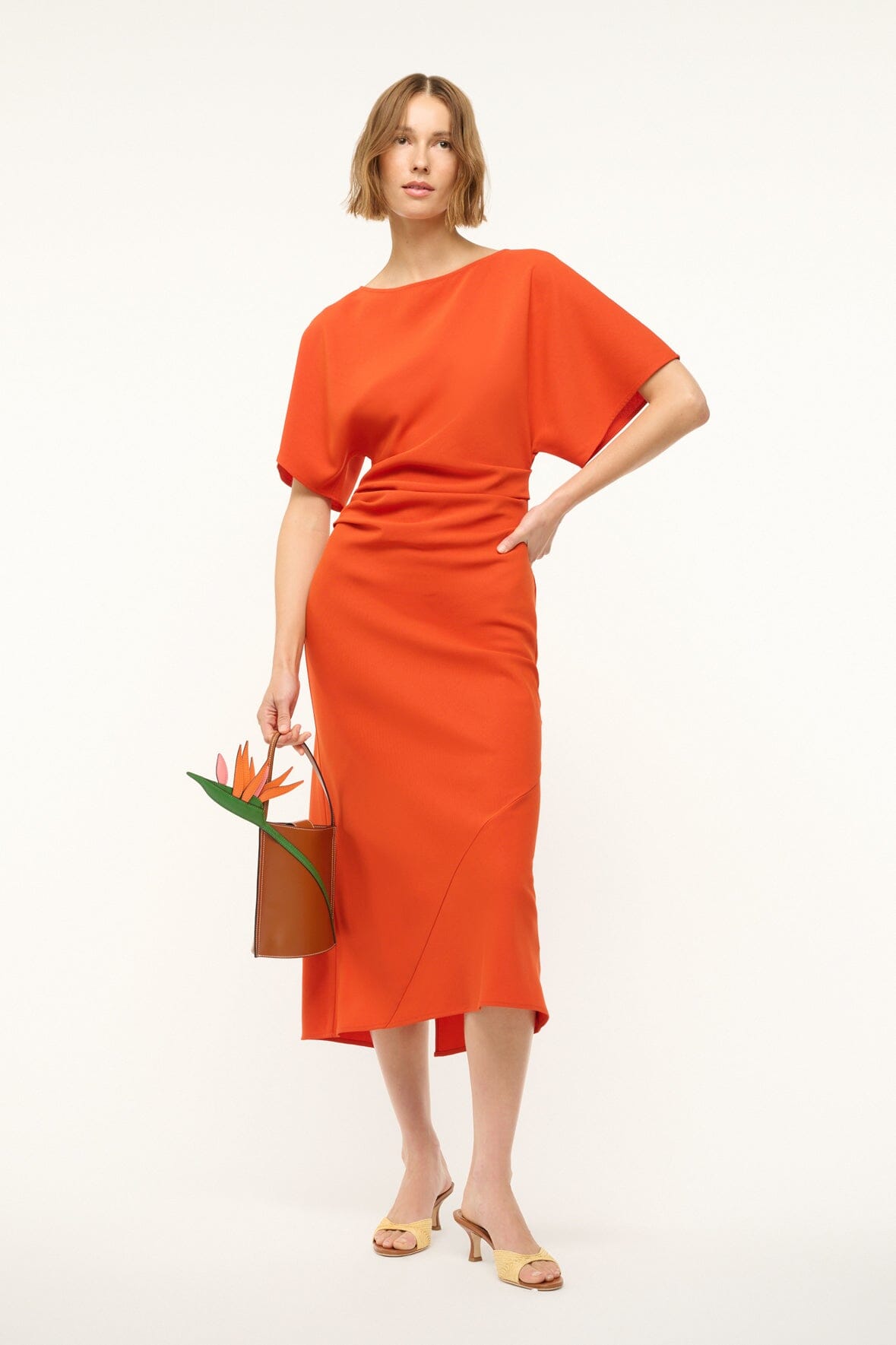Boat Neck Midi Dress with Ruching & Back Slit | Amelie
