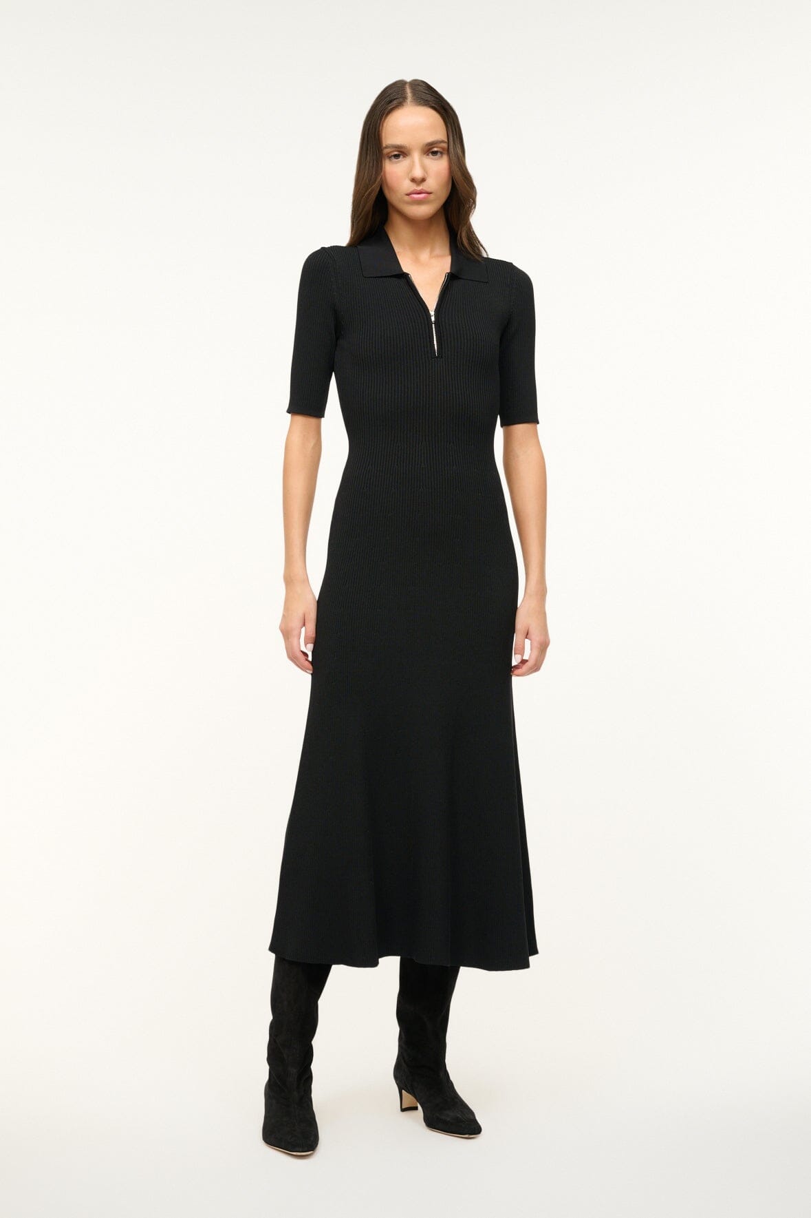 Black Rib Knit Dress with Zip Neckline | Roland