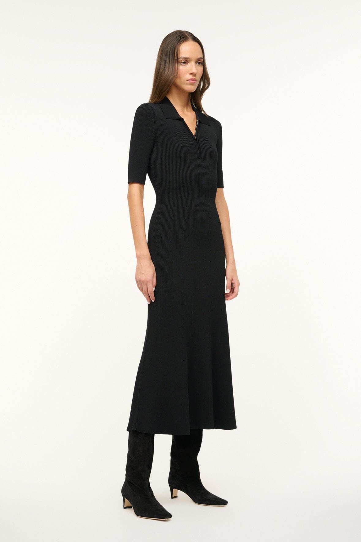 Black Rib Knit Dress with Zip Neckline | Roland