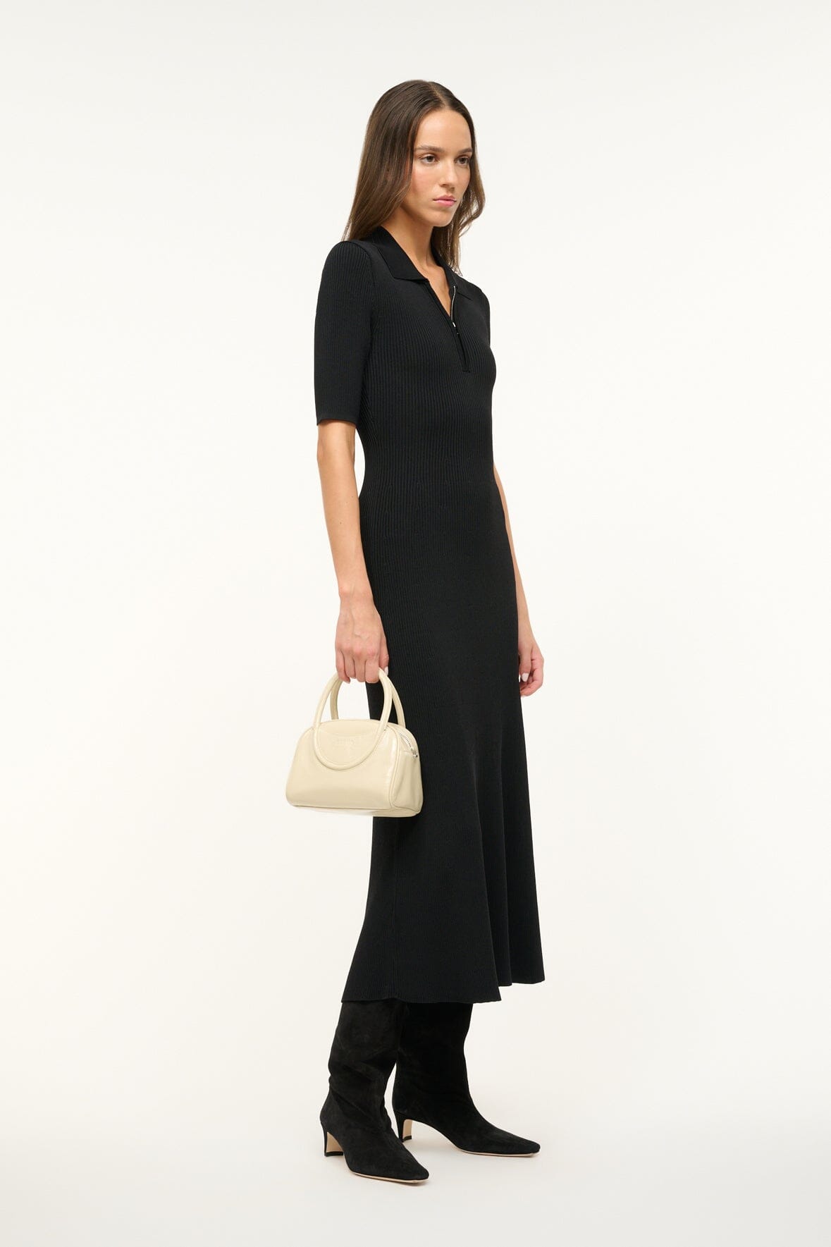 Black Rib Knit Dress with Zip Neckline | Roland