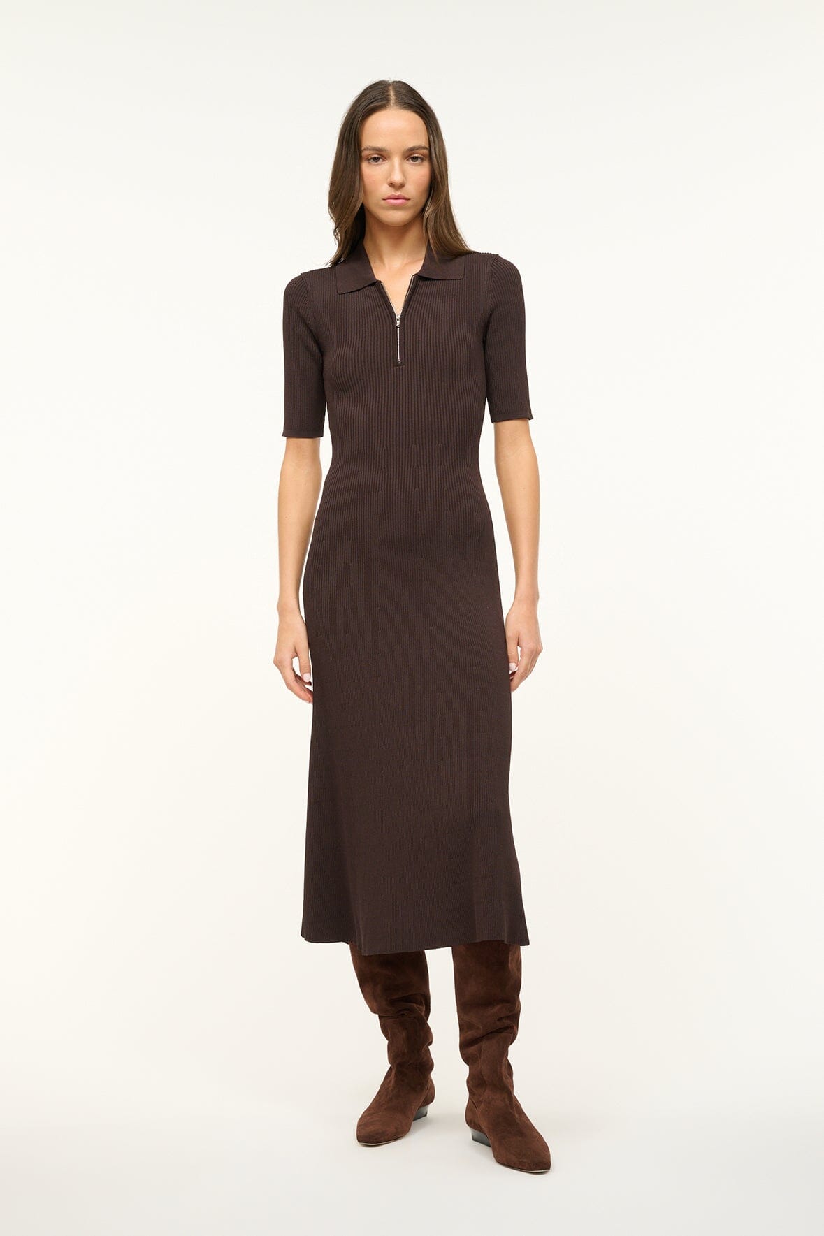 Ankle-Length Rib Knit Dress with Zip Neckline | Roland Earth