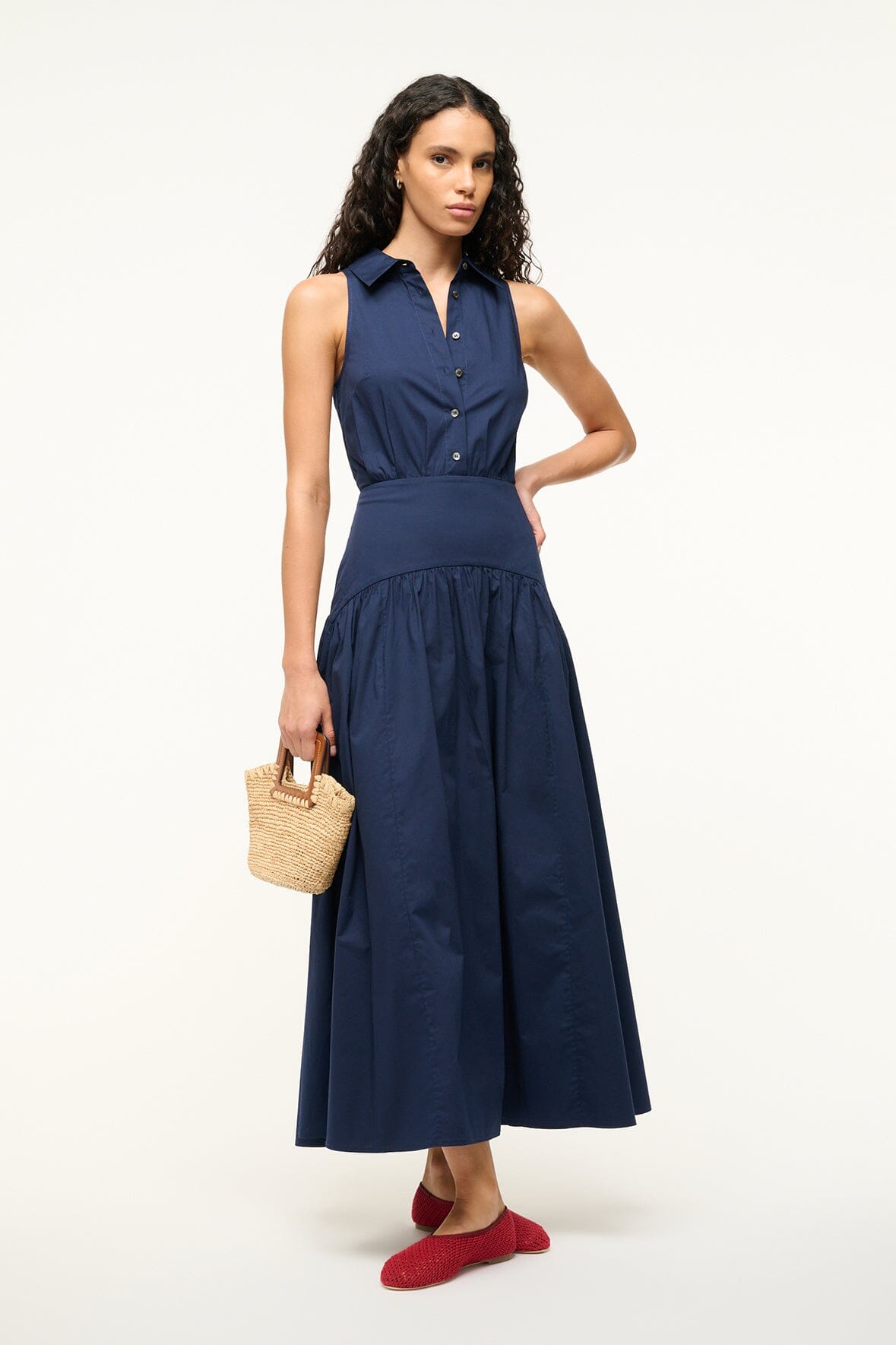 Sleeveless Romy Dress with Classic Collar & Waist Ruching | Navy
