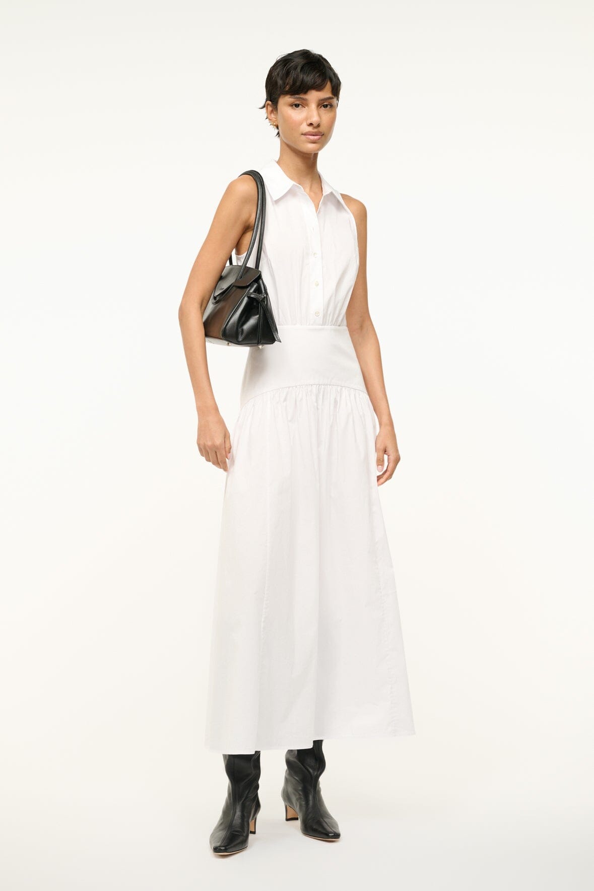 Sleeveless White Romy Dress with Collar & Waist Ruching | Rocco Style