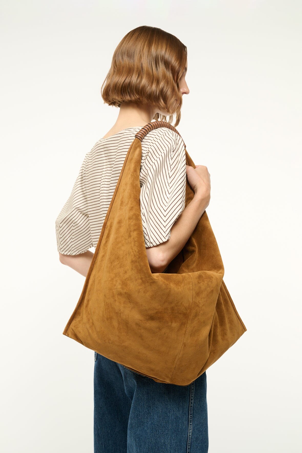 Tan Suede Shoulder Bag with Zip Pocket & Leather Handle | Ronnie Bag