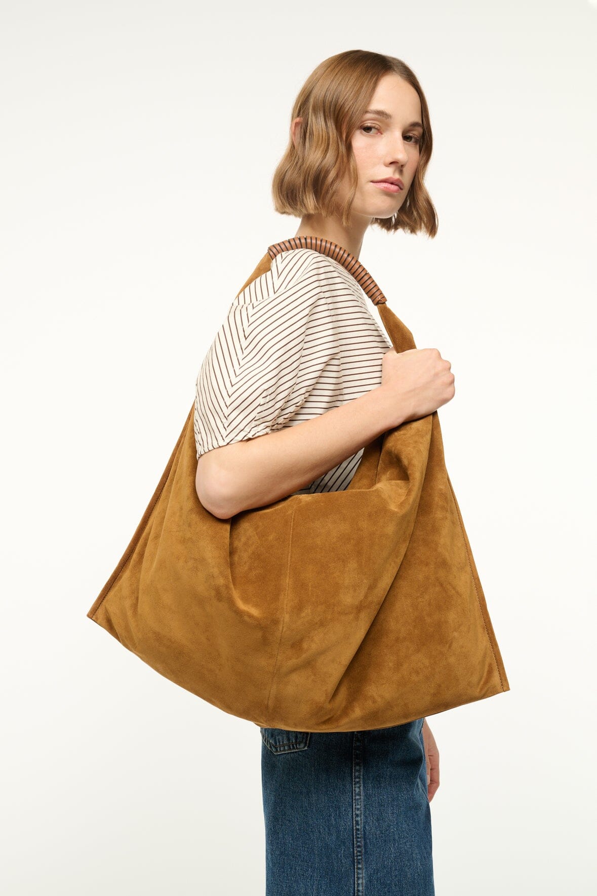 Tan Suede Shoulder Bag with Zip Pocket & Leather Handle | Ronnie Bag