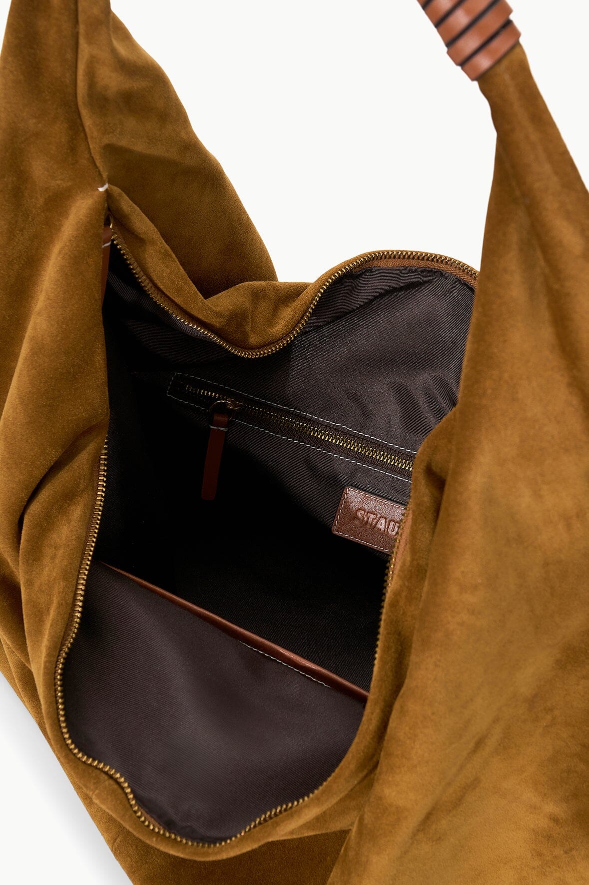 Tan Suede Shoulder Bag with Zip Pocket & Leather Handle | Ronnie Bag