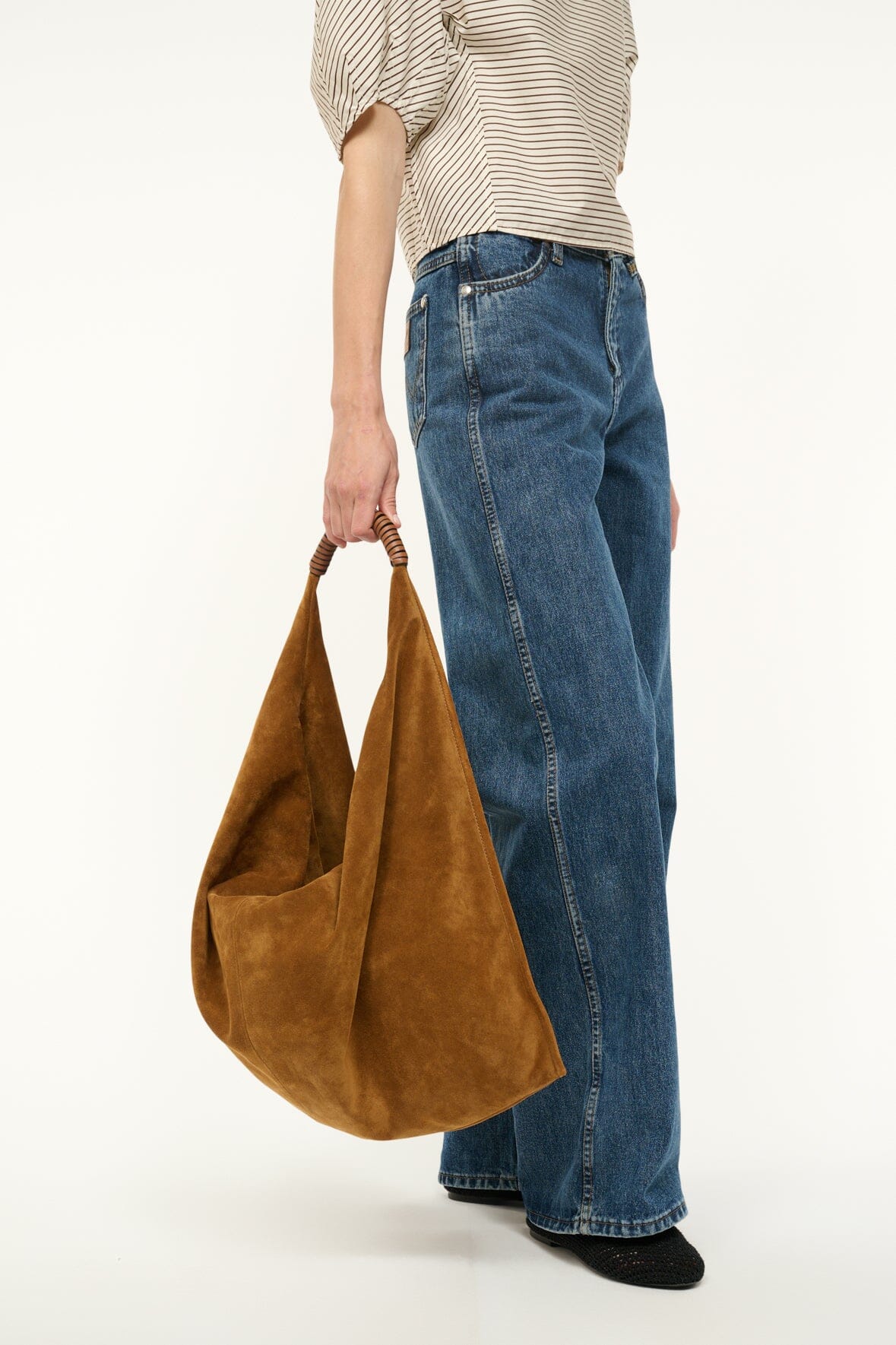 Tan Suede Shoulder Bag with Zip Pocket & Leather Handle | Ronnie Bag