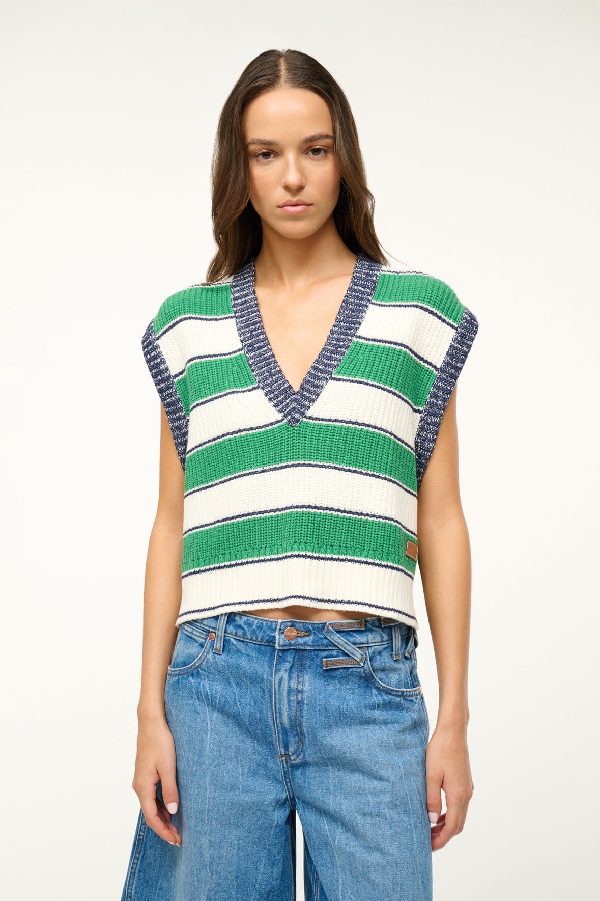 Yarndye Cropped Sweater Vest with V Neck & Leather Patch | Americana Bungalow