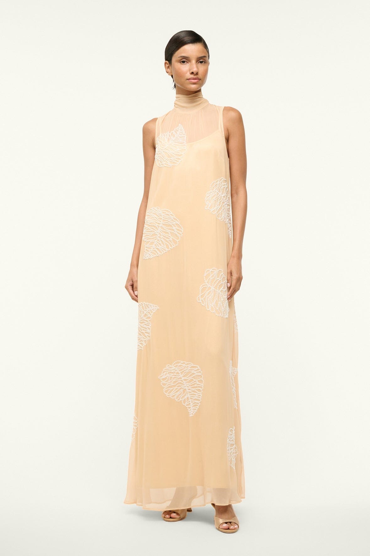 Beaded Chiffon Sleeveless Dress with Palm Leaf Applique | Rubi Dress