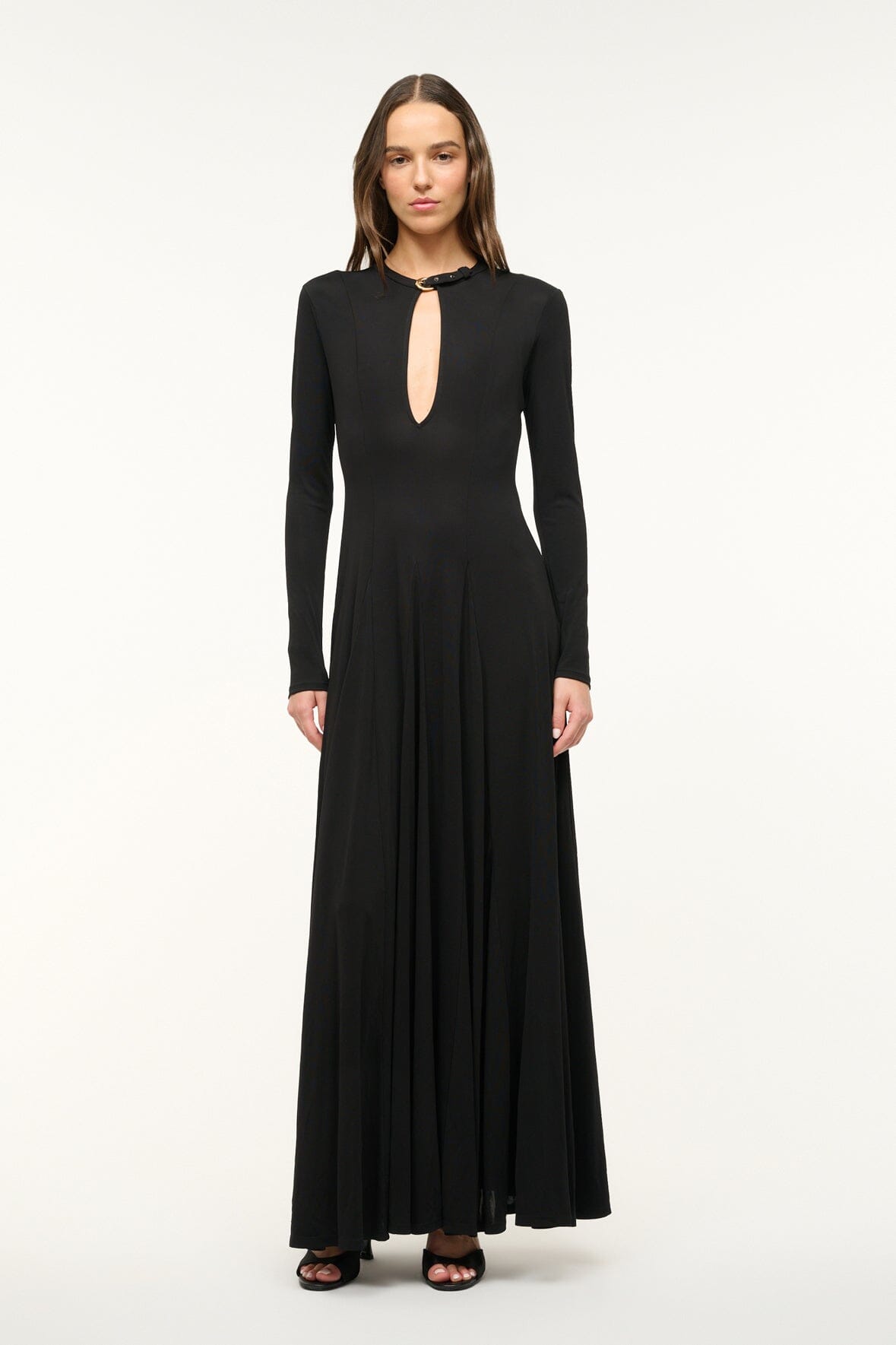 Long Sleeve V-Neck Jersey Dress with Gold Buckle | Amerie Black