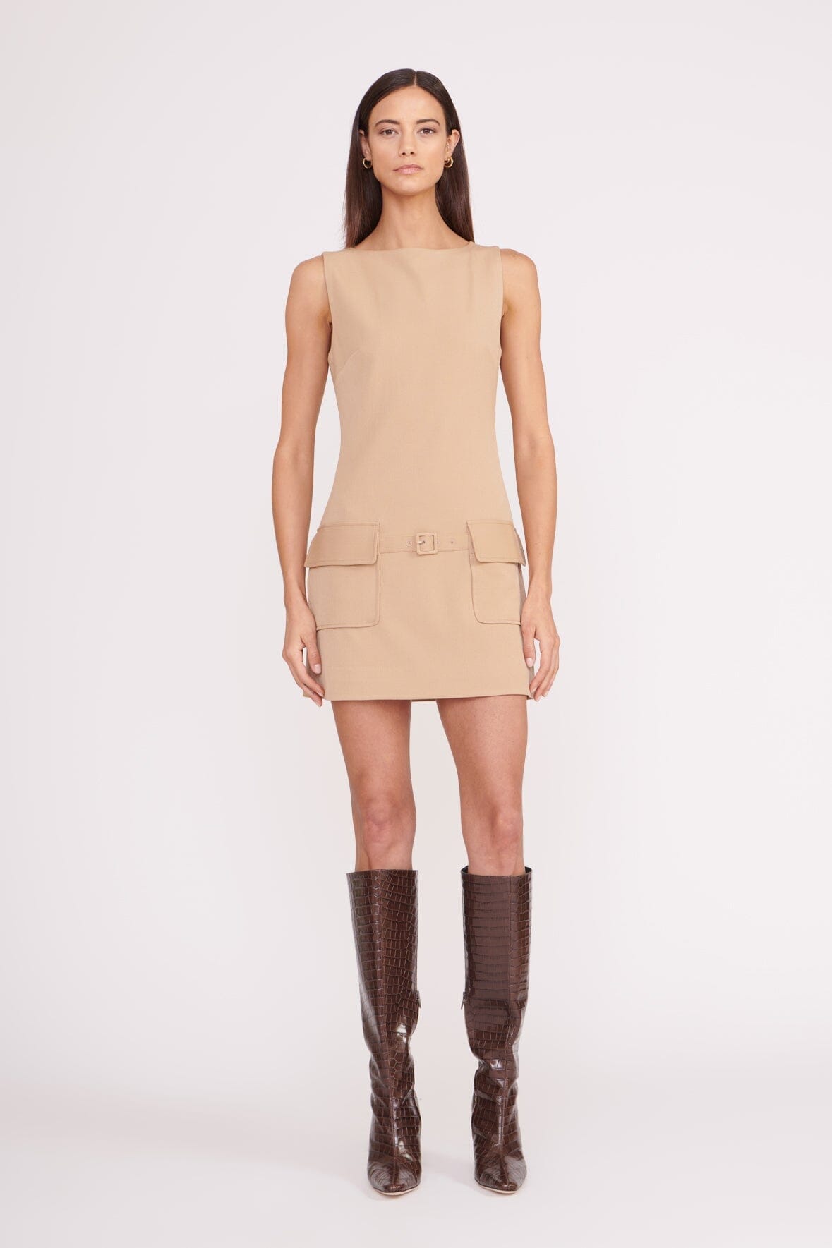 Classic Boat Neck Dress with Pockets & Belt Detail | Sheila Camel
