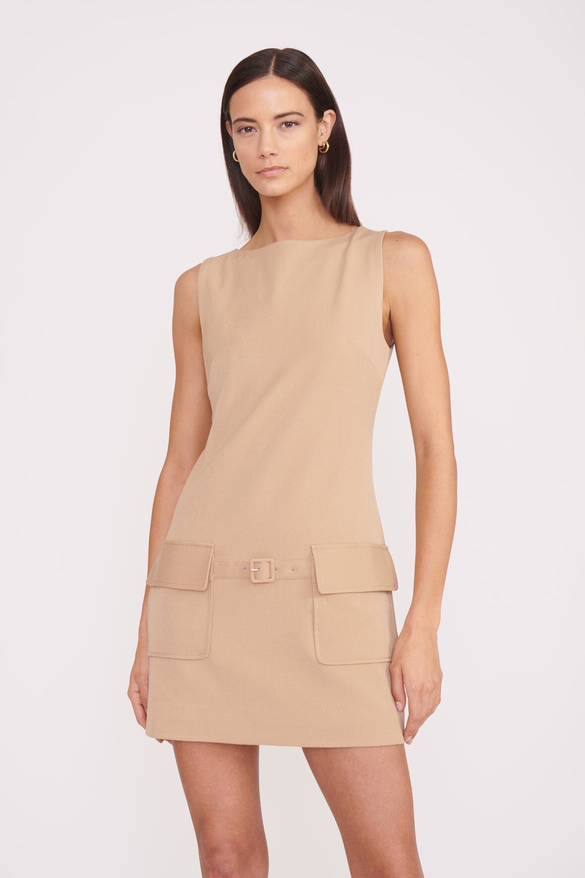 Classic Boat Neck Dress with Pockets & Belt Detail | Sheila Camel