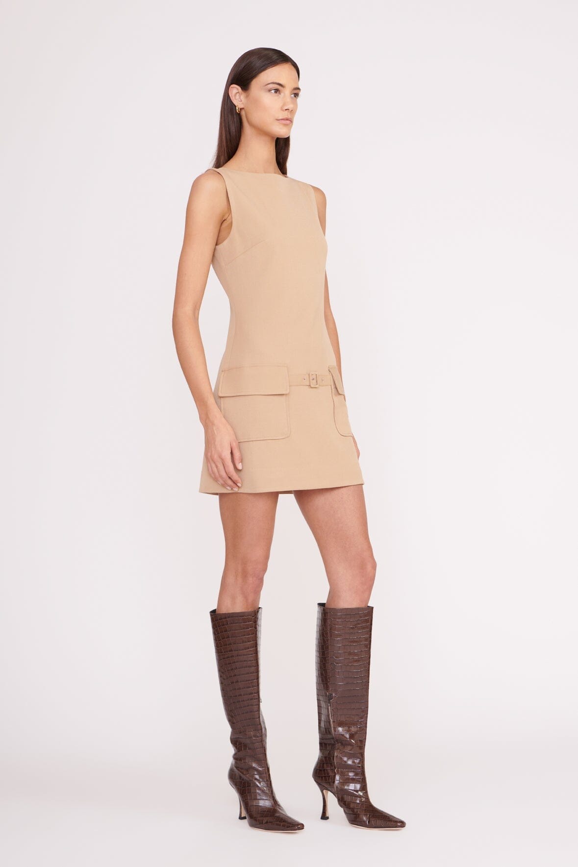 Classic Boat Neck Dress with Pockets & Belt Detail | Sheila Camel