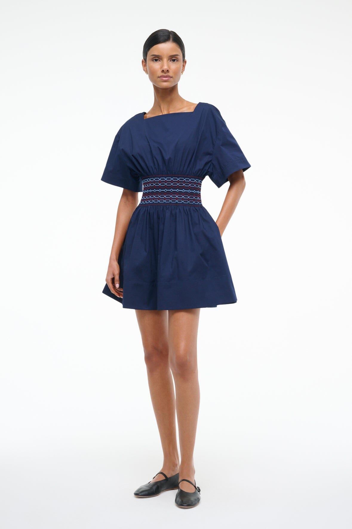 Structured Cotton Mini Dress with Square Neckline | Amy Navy