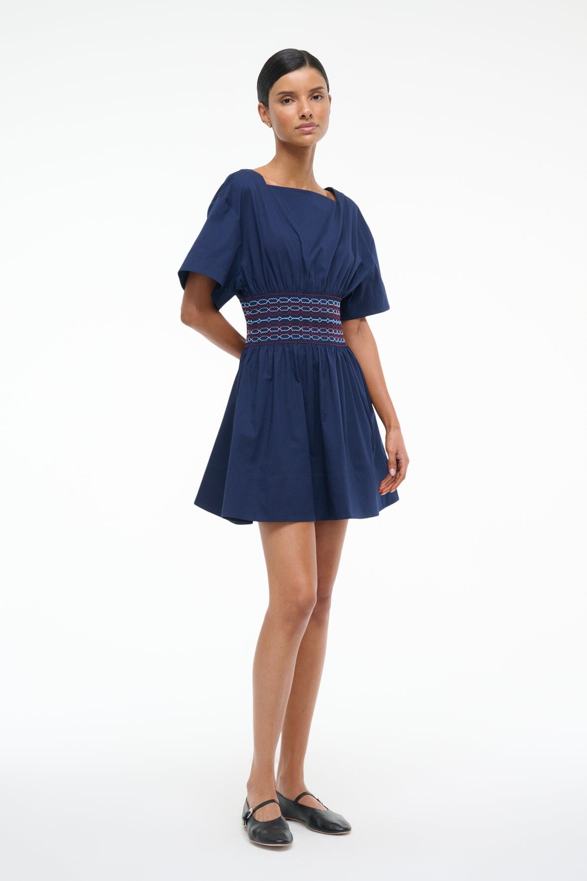 Structured Cotton Mini Dress with Square Neckline | Amy Navy