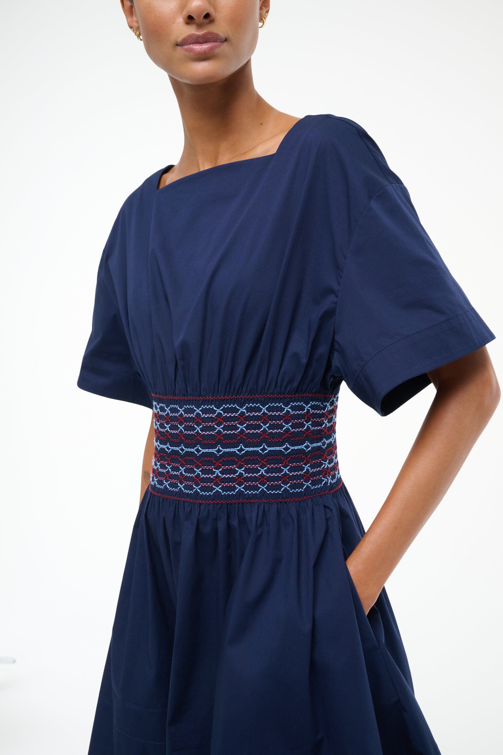 Structured Cotton Mini Dress with Square Neckline | Amy Navy