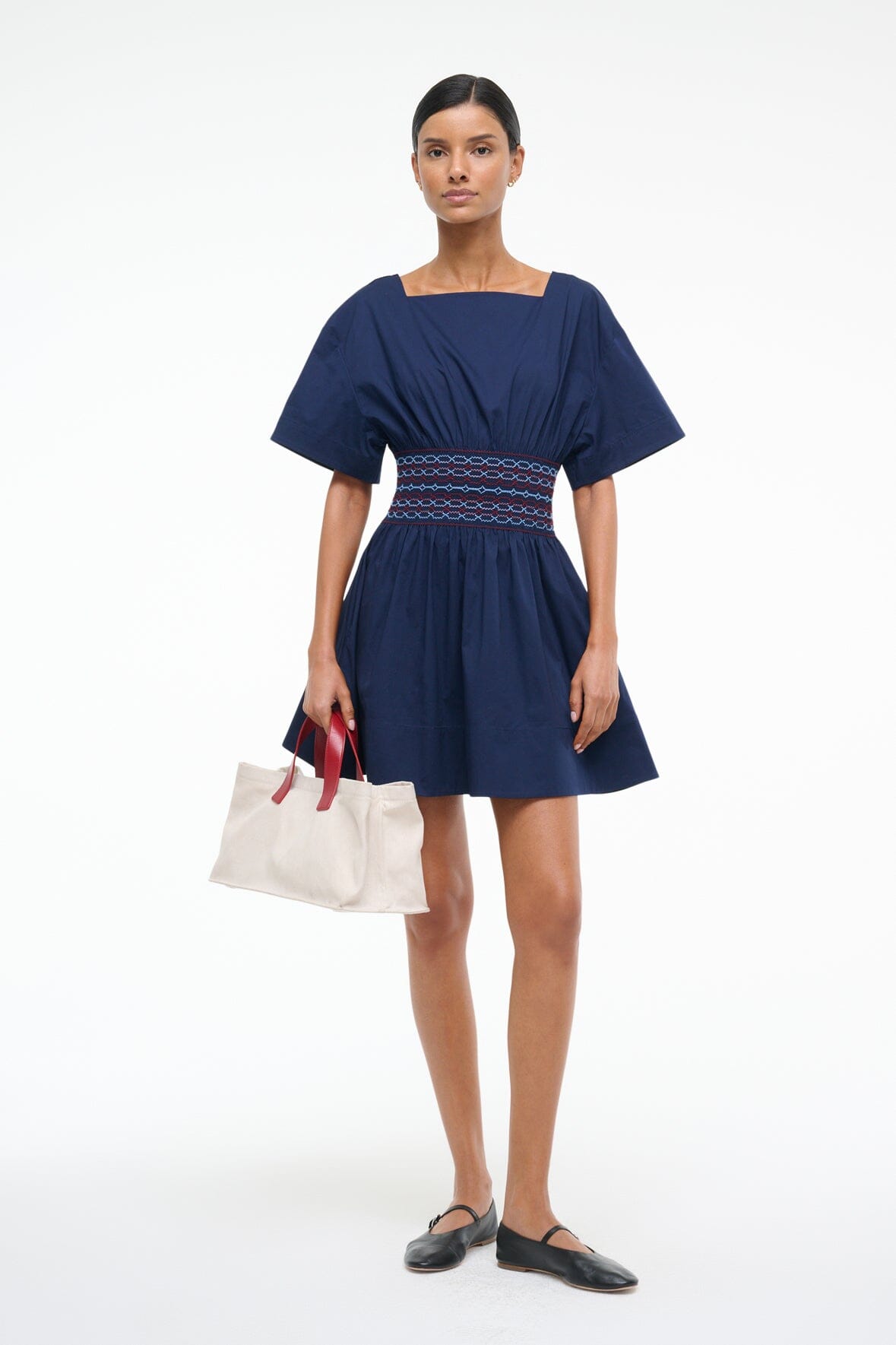 Structured Cotton Mini Dress with Square Neckline | Amy Navy