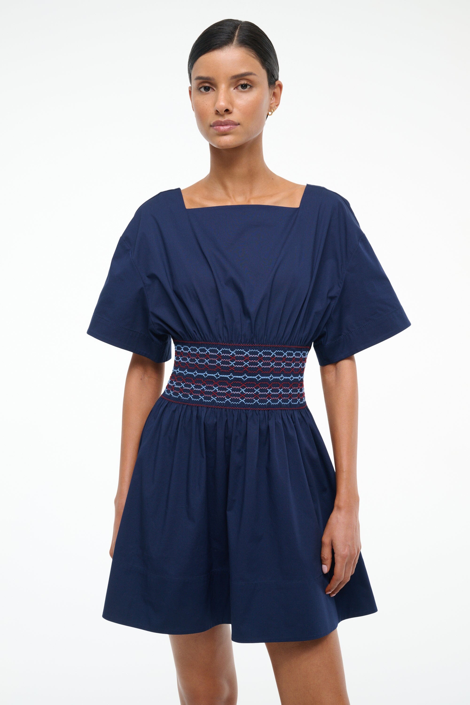 Structured Cotton Mini Dress with Square Neckline | Amy Navy
