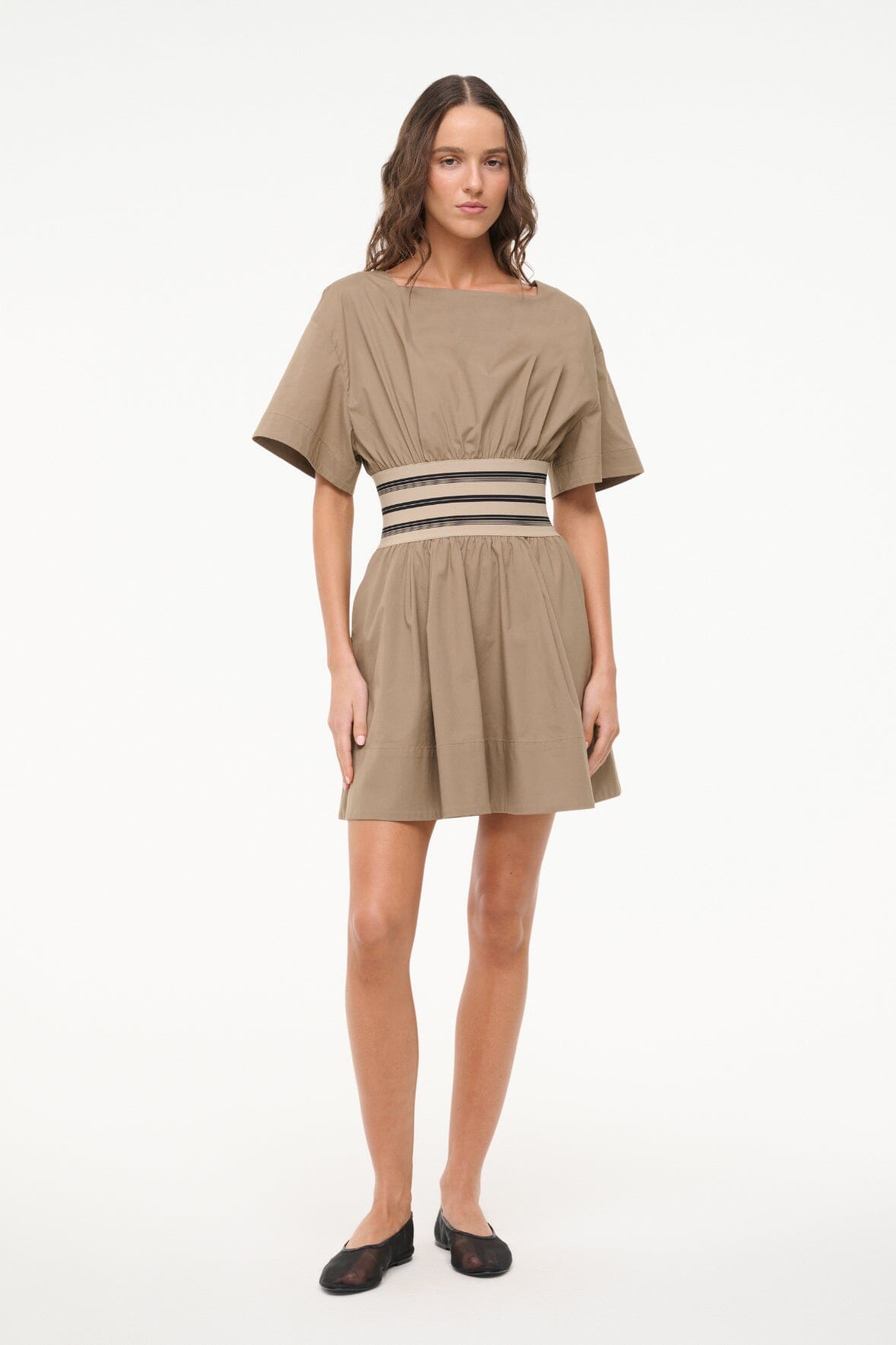 Stretchy Cotton Poplin Mini Dress with Square Neckline | Amy Taupe