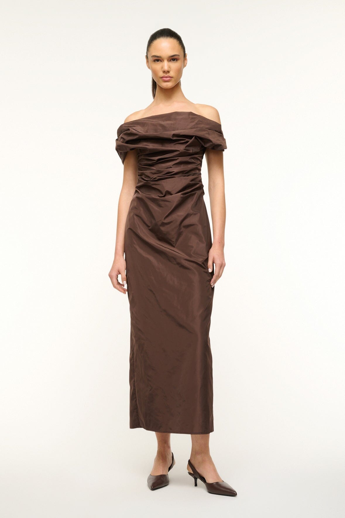 Off-the-Shoulder Taffeta Dress with Draped Neckline | Andrea Dark Chocolate