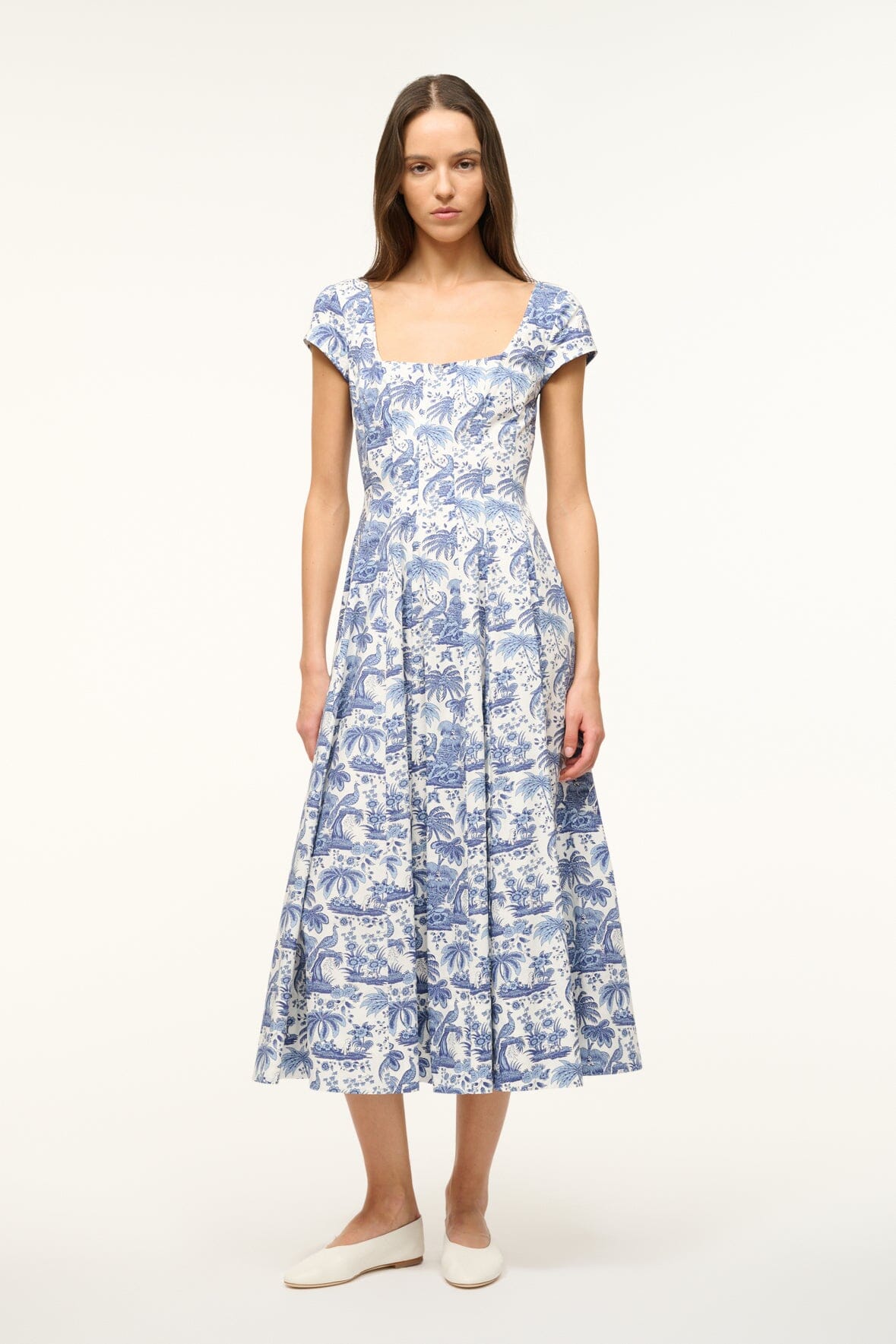 Short Sleeve Wells Dress in Blue Toile | Corset Panel & A-Line Skirt