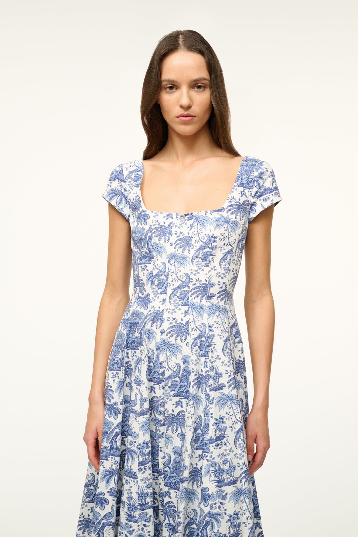 Short Sleeve Wells Dress in Blue Toile | Corset Panel & A-Line Skirt