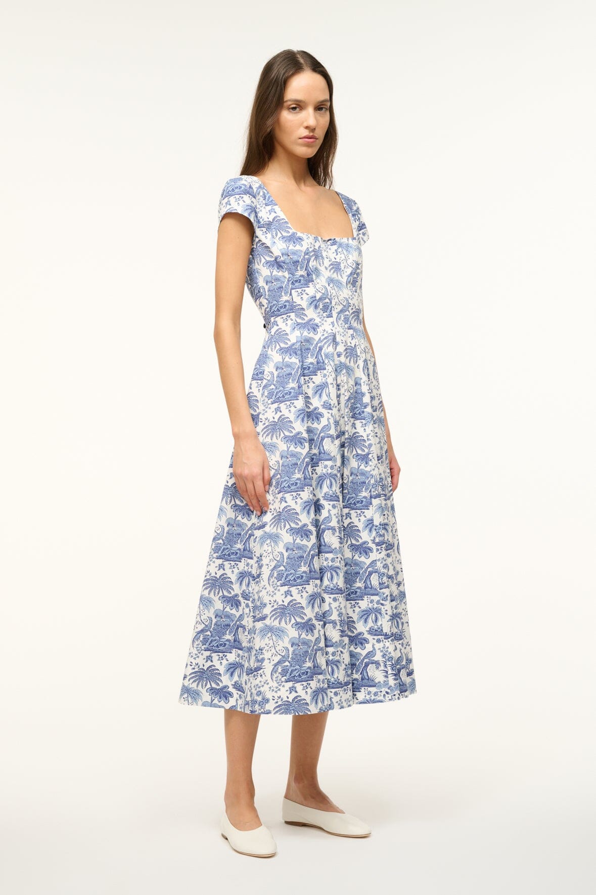Short Sleeve Wells Dress in Blue Toile | Corset Panel & A-Line Skirt