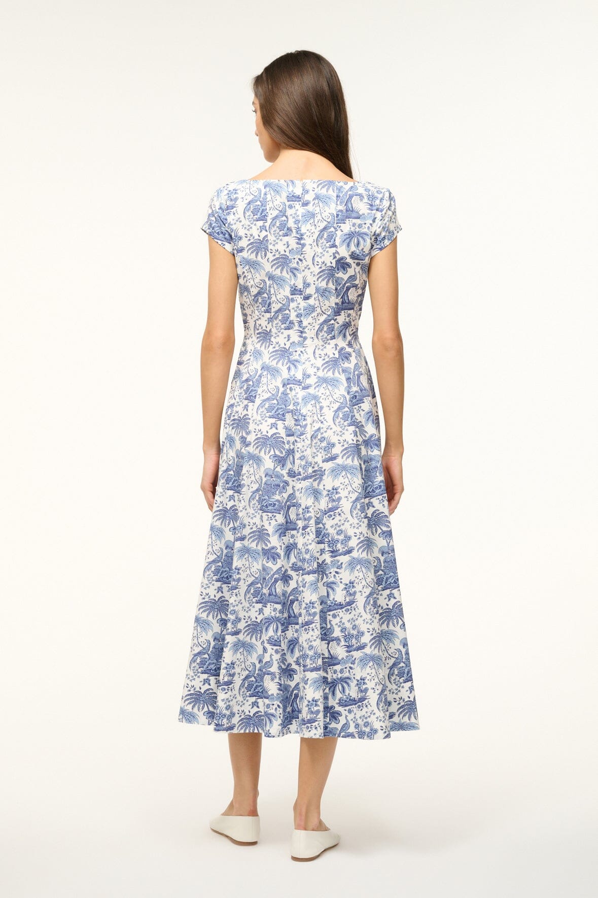 Short Sleeve Wells Dress in Blue Toile | Corset Panel & A-Line Skirt