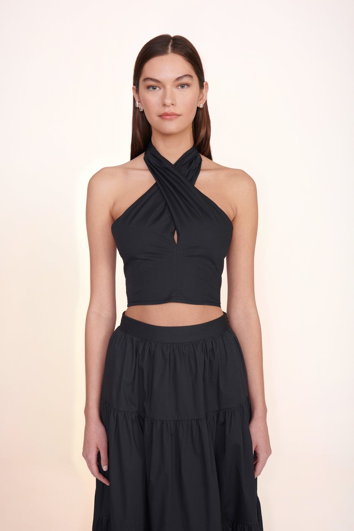 Smocked Halter Top with Self-Tie Neck | KAI Black