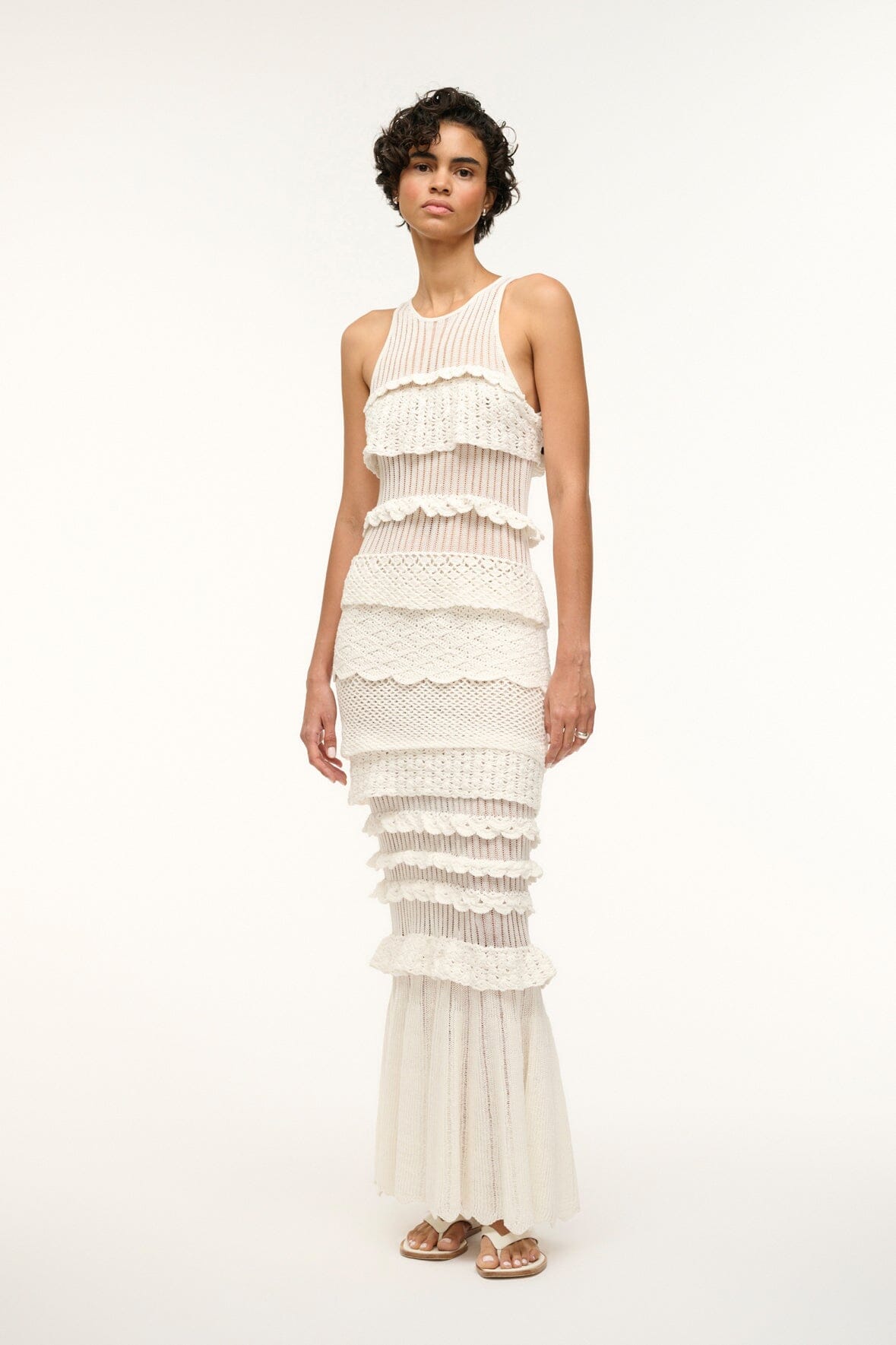 White Maxi Tank Dress with Crochet Details & Tiered Ruffles | Sorrento