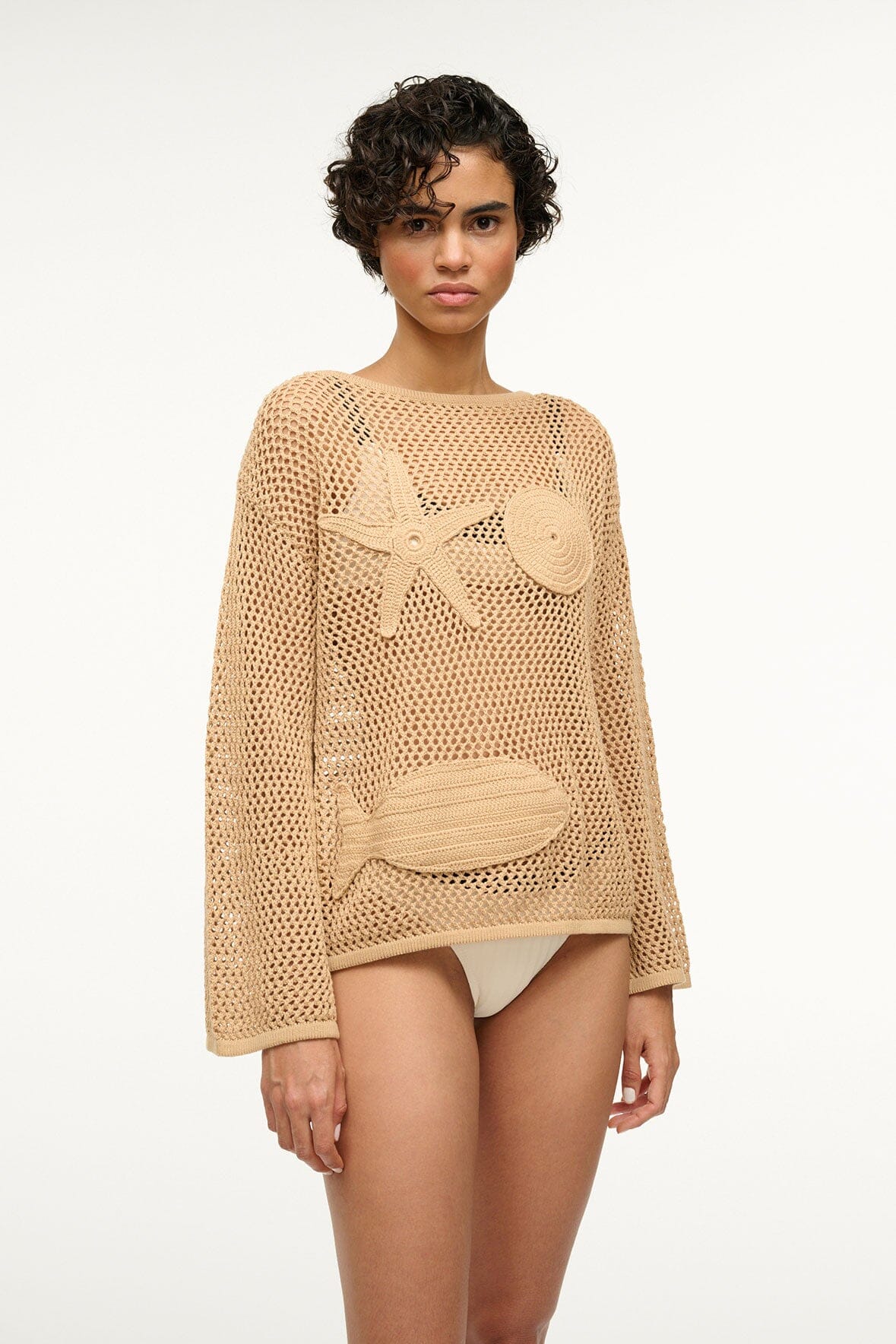 Mesh Pointelle Top with Bell Sleeves & Sea Motifs | Sovana